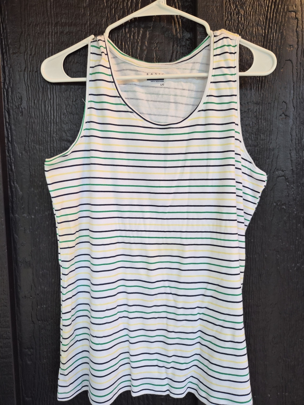 Basic Editions White Tank with Green, Yellow & Blue Stripes